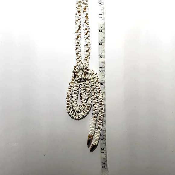 Vintage White and Gold Tone Beaded Braided Necklace Extra Long 21" L - Picture 5 of 5
